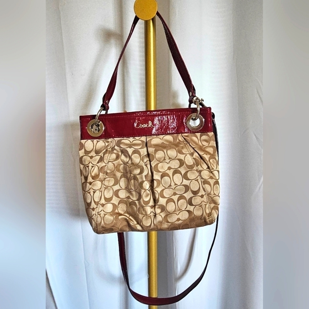 COACH Beige with Cherry Red Trim and Strap Hand/Shoulder Bag